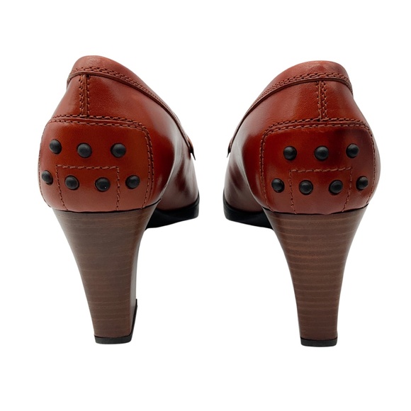 TOD'S BROWN LEATHER HEELED LOAFER PUMPS - Picture 6 of 9